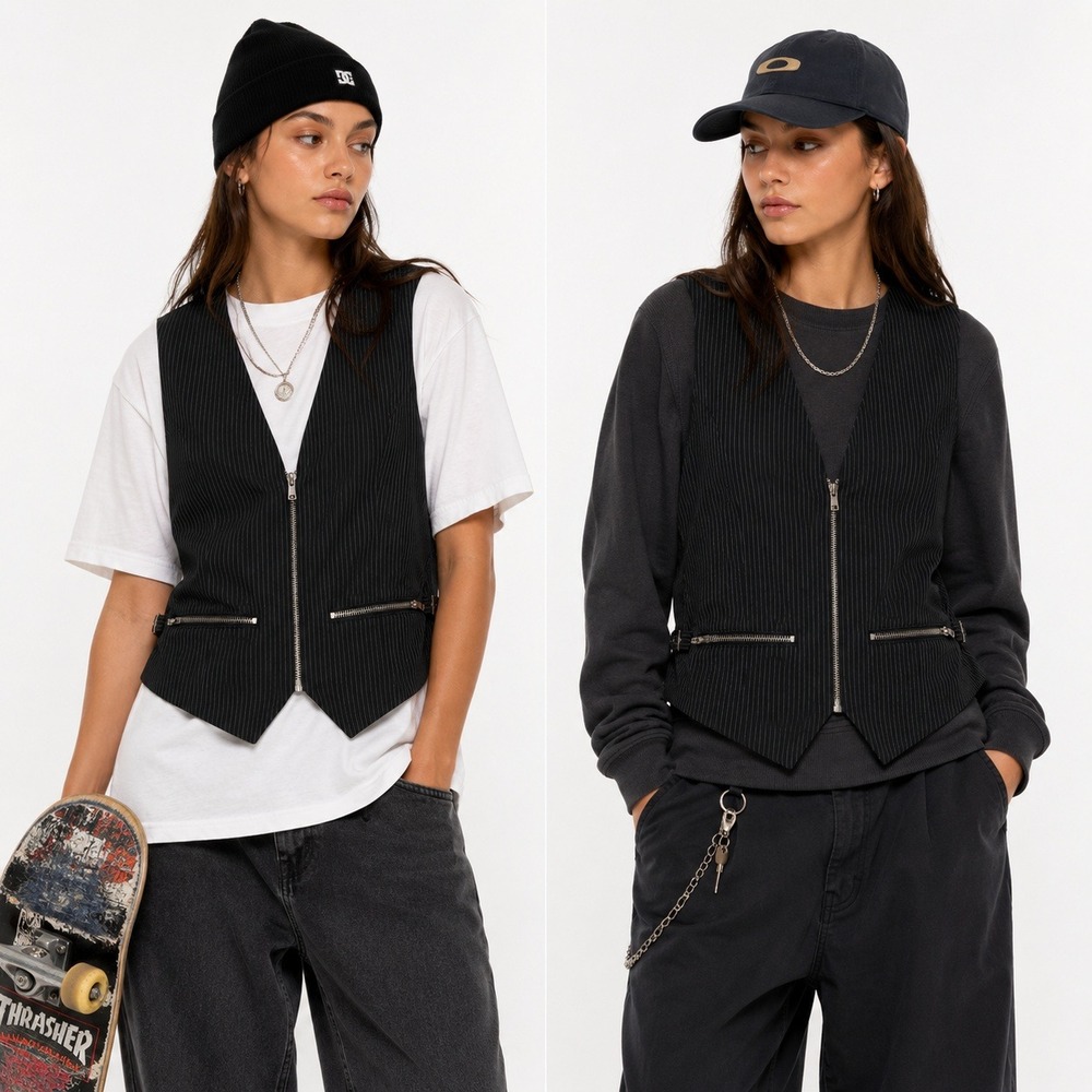 Social Collision Vest Women's S Lip Service Pinstripe Zip Up Black Punk Goth